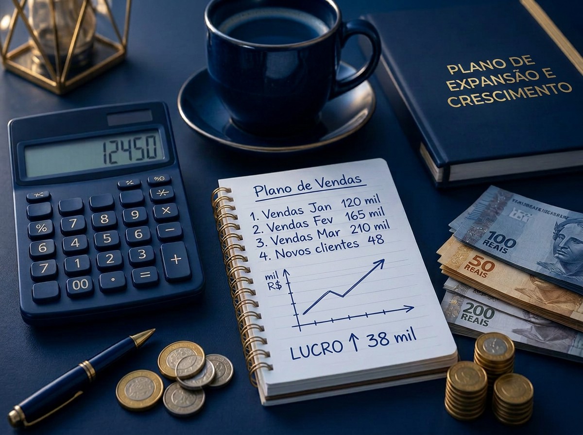 Mesa em tons de azul-marinho e dourado com calculadora, caderno de custos, moedas e notas